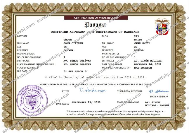 Panama marriage certificate Word and PDF template